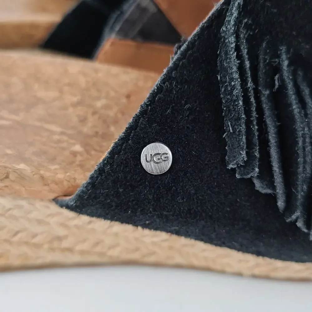 Uggs black suede fringed espadrille slides, EUC, size 7
